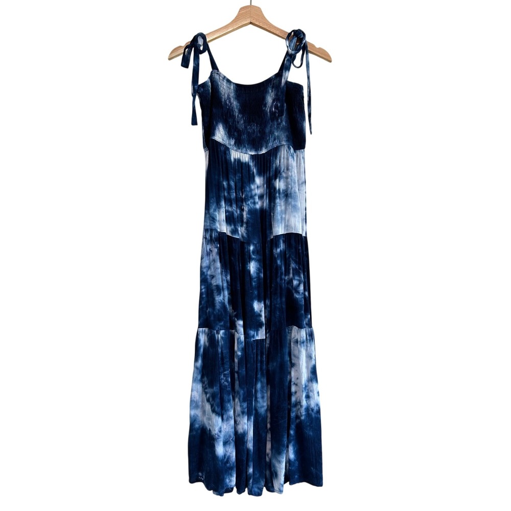 ee:some Size M Dress Blue Tie Dye Tiered Maxi  Smocked Boho Beach Coastal Hippy